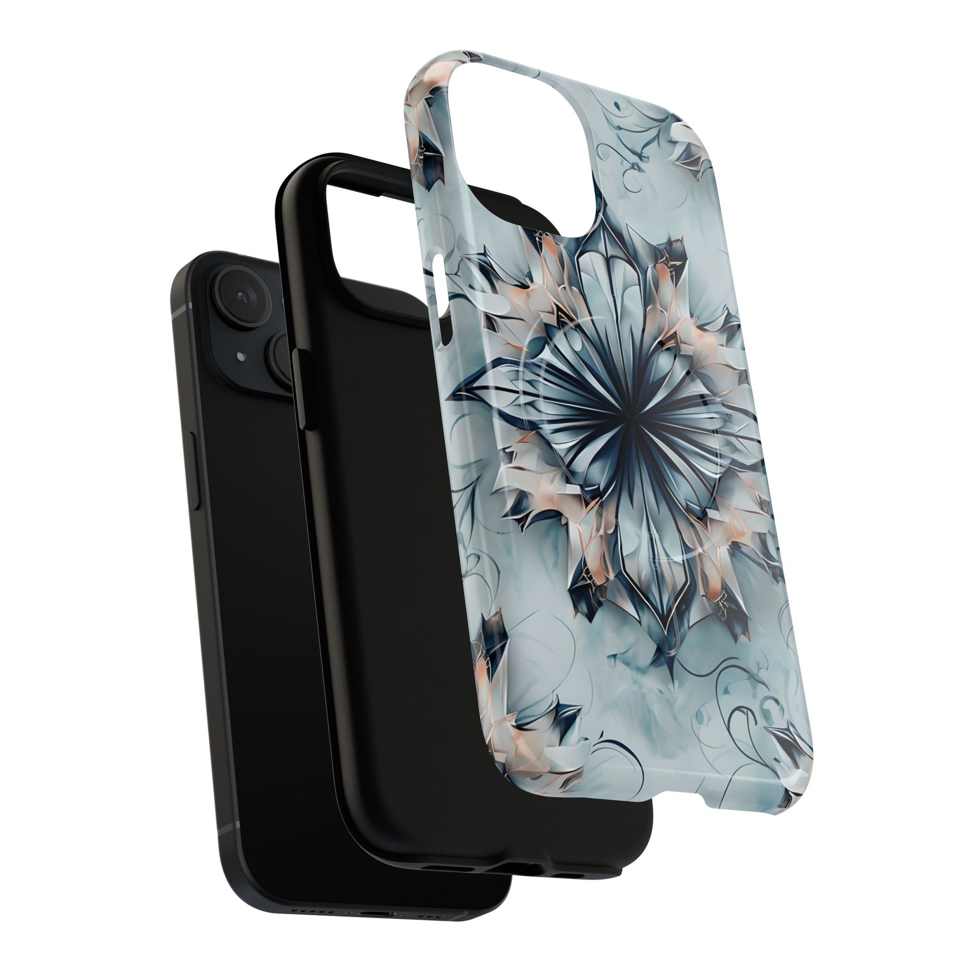 Indigo Mirage - Artistic Kaleidoscope Collection Artistic Floral - iPhone 15 MagSafe Phone Case -Bold Indigo Symmetrical Design