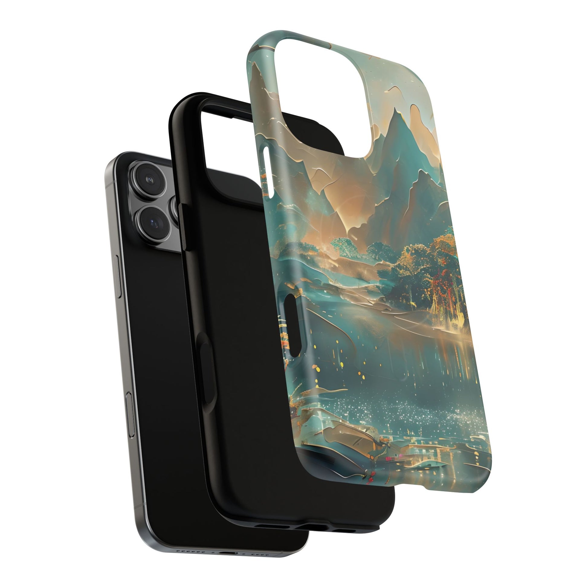 Misty Horizon - Serene Landscape Art iPhone 16 Pro Max MagSafe Phone Case - Tranquil Mountain & Lake Design