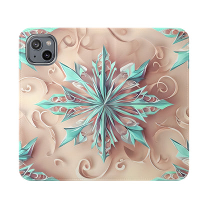 Frosted Petals iPhone Wallet Case - Soft Floral Kaleidoscope Design in Blush & Aqua