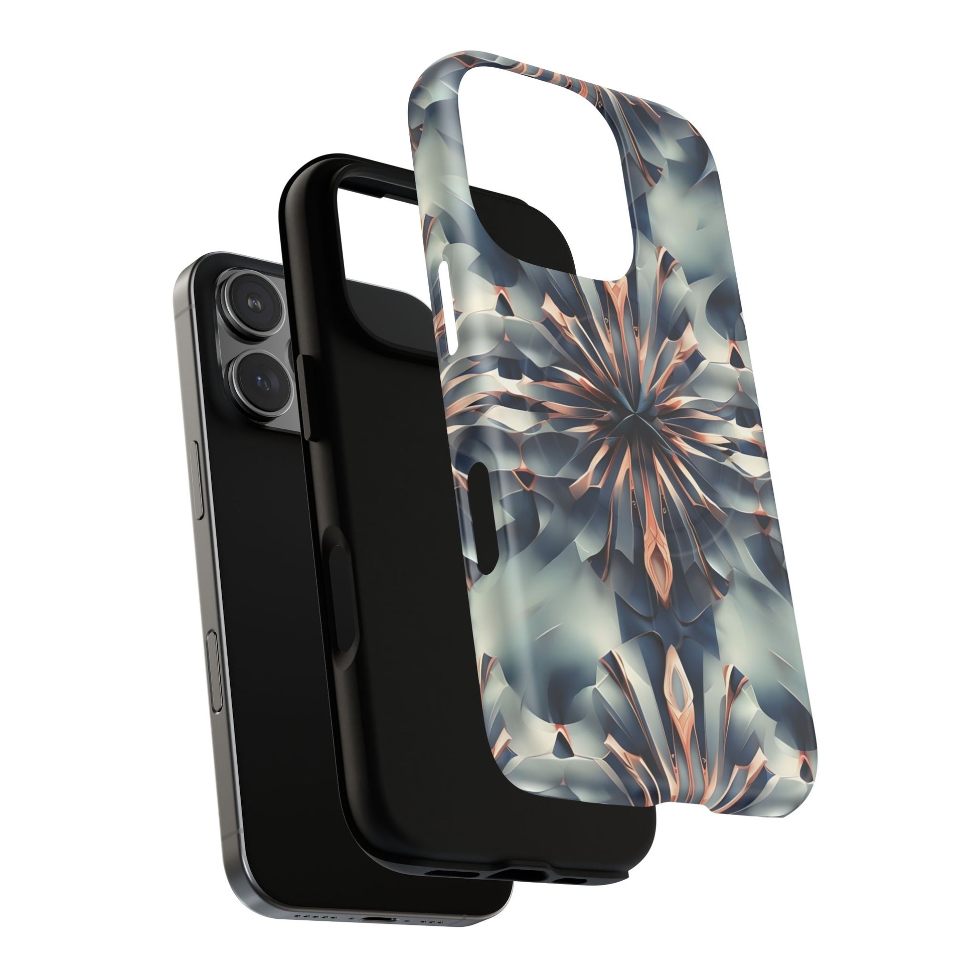 Obsidian Kaleidoscope Artistic Floral Burst - iPhone 16 Pro MagSafe Phone Case -Blue, Peach and Silver Symmetrical Design