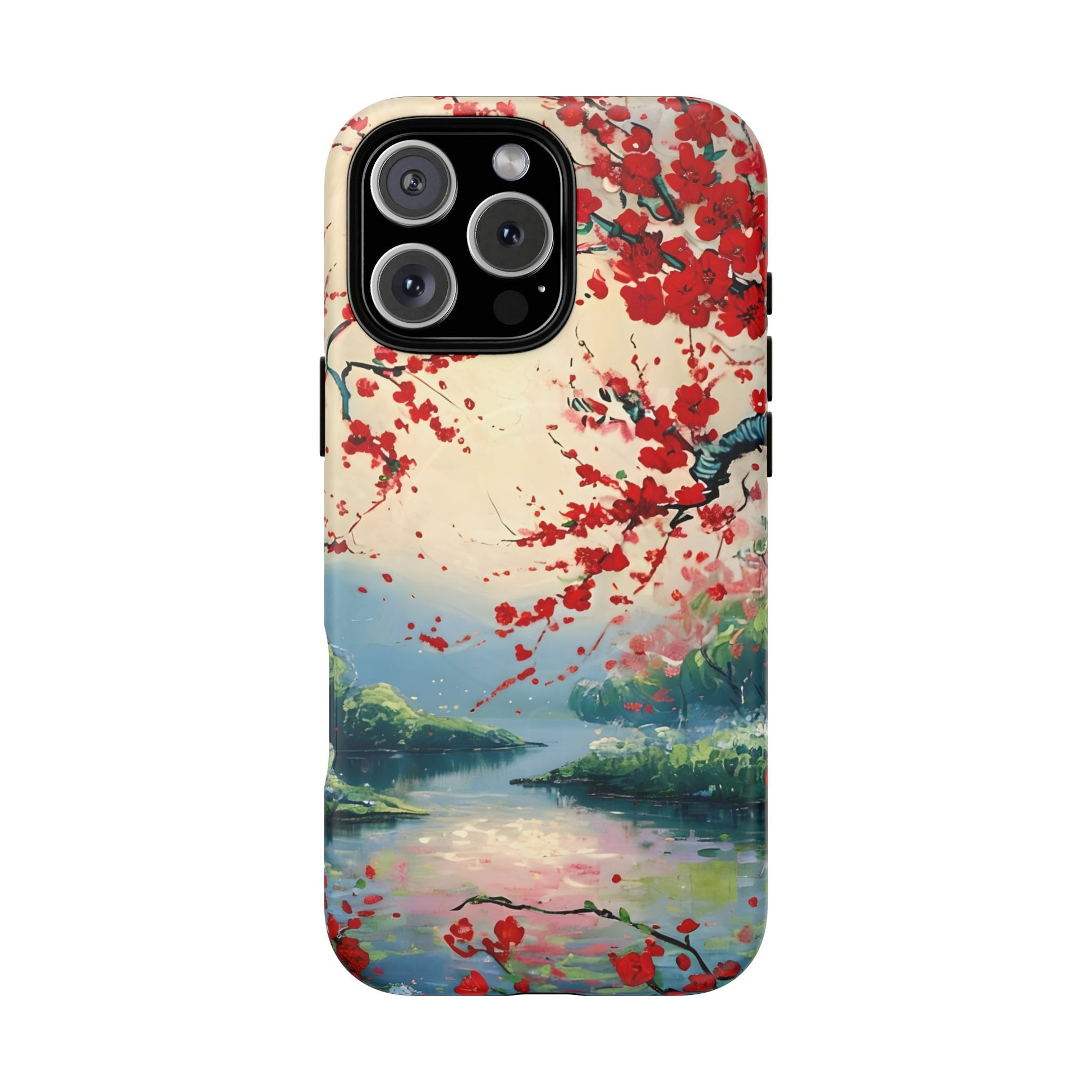 Crimson Blossom Lake - Artistic Floral Landscape iPhone 16 Pro Max MagSafe Phone Case - Red Cherry Blossoms & Serene Lake Design