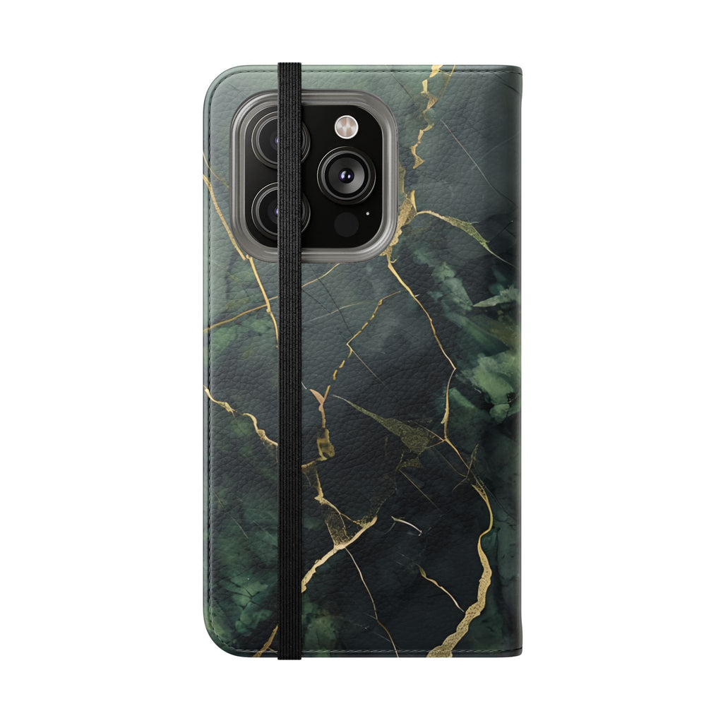 Verdant Vein - Green Marble Design Wallet Phone Case for iPhone 14 Pro