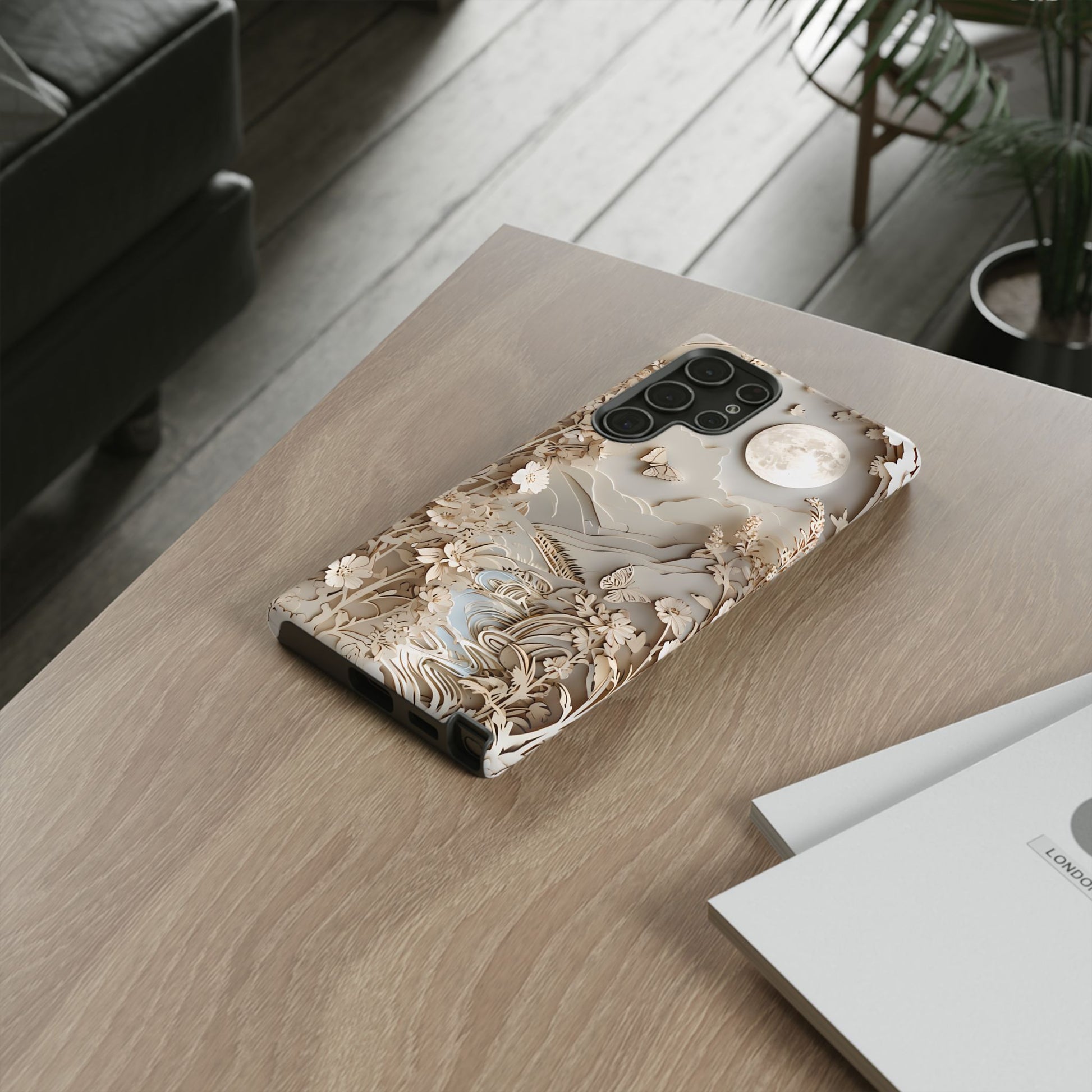 Moonlit Garden - Elegant Neutral Floral Samsung Galaxy S22 Ultra Tough Phone Case - Painterly Botanical & Moon Design