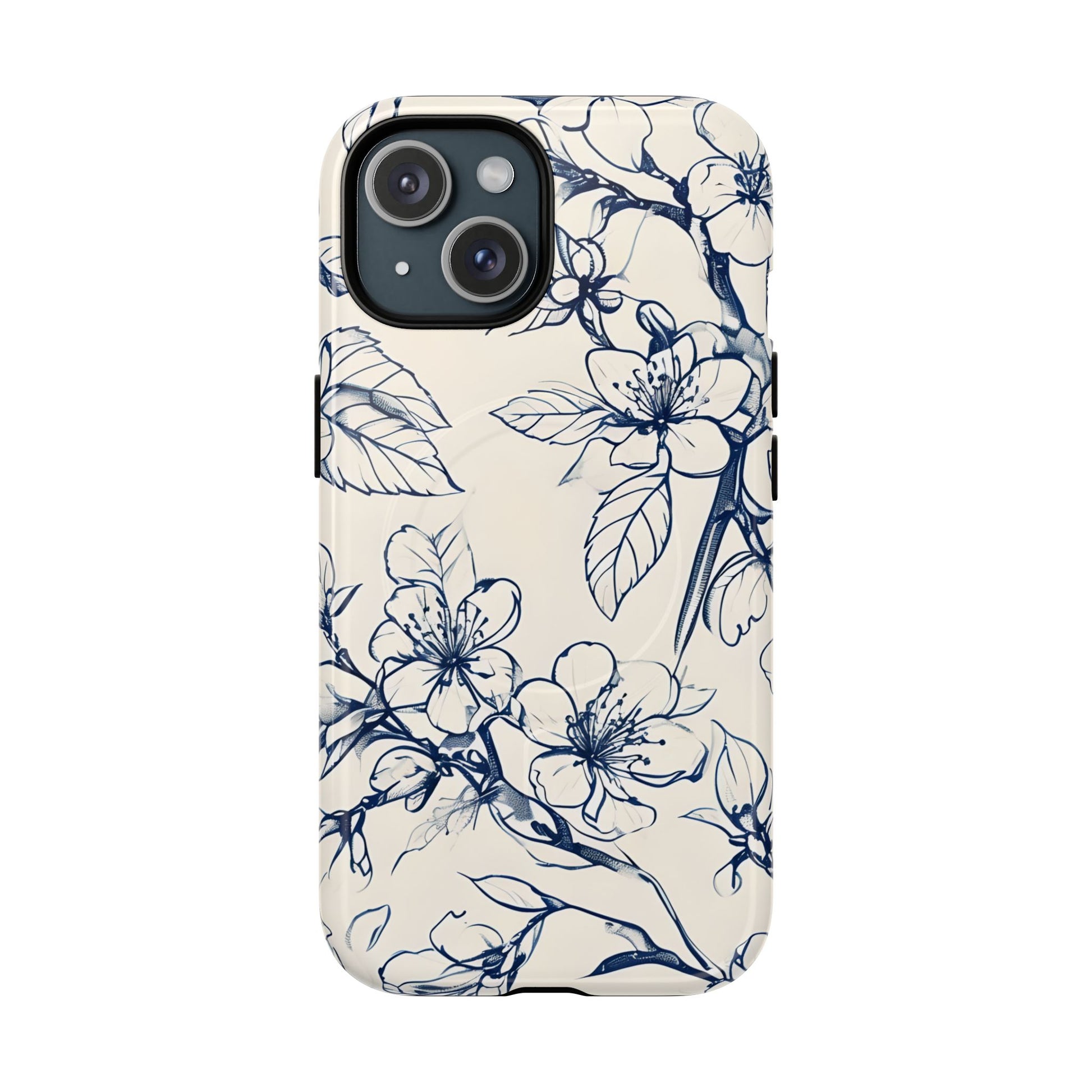 Blossom Sketch - Artistic Blue Floral - iPhone 15 MagSafe Phone Case - Hand-Drawn Botanical Design