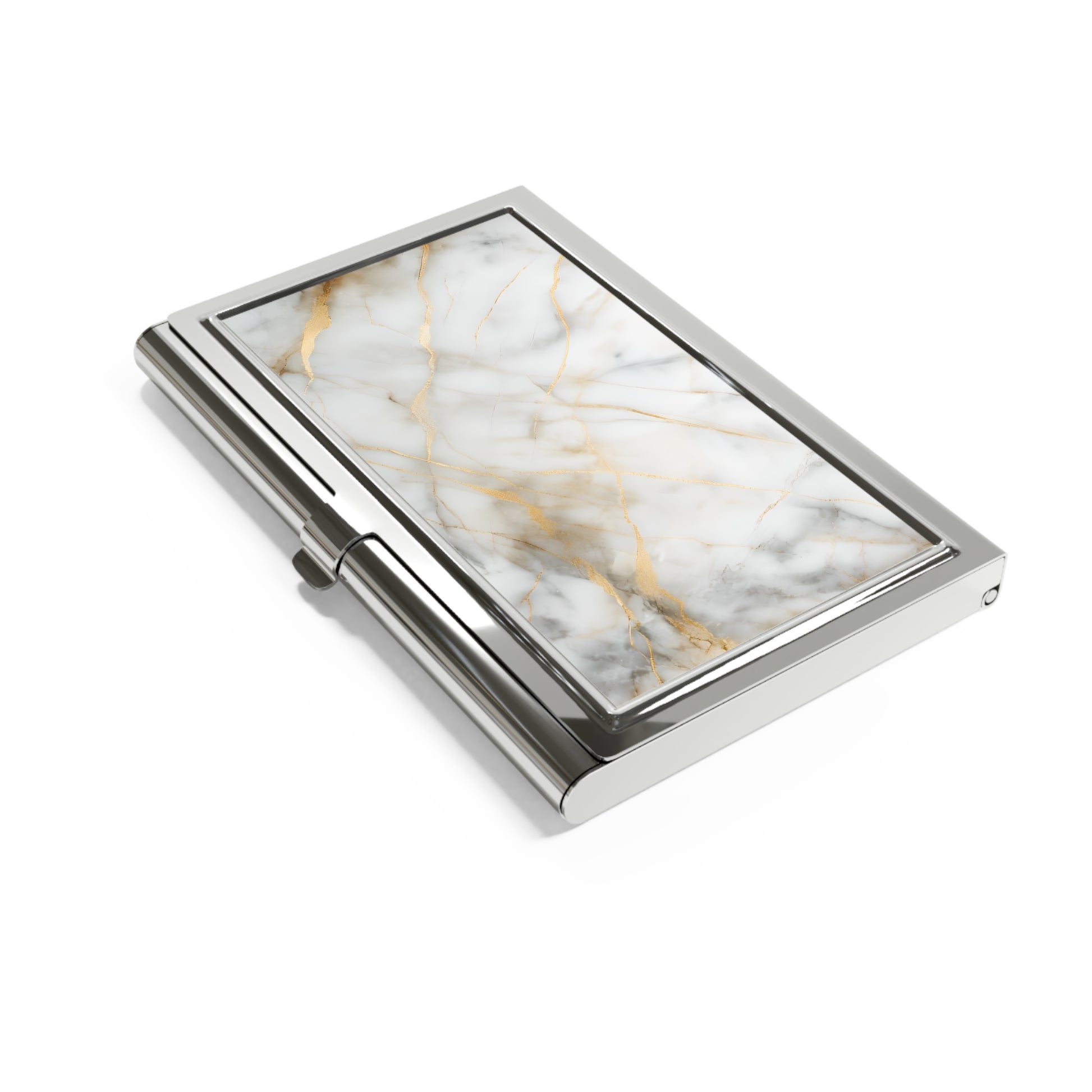 Golden Vein white marble gold veins business card holder closed angled view