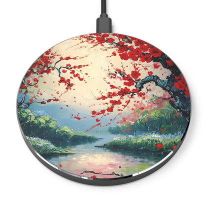 Crimson Blossom Lake landscape art decorative Qi wireless charger with red blossom tree over serene lake