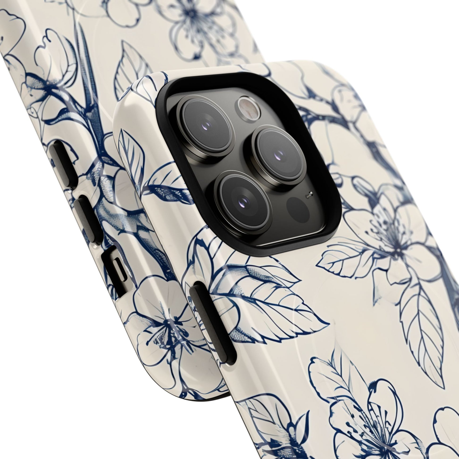 Blossom Sketch - Artistic Blue Floral - iPhone 14 Pro MagSafe Phone Case - Hand-Drawn Botanical Design