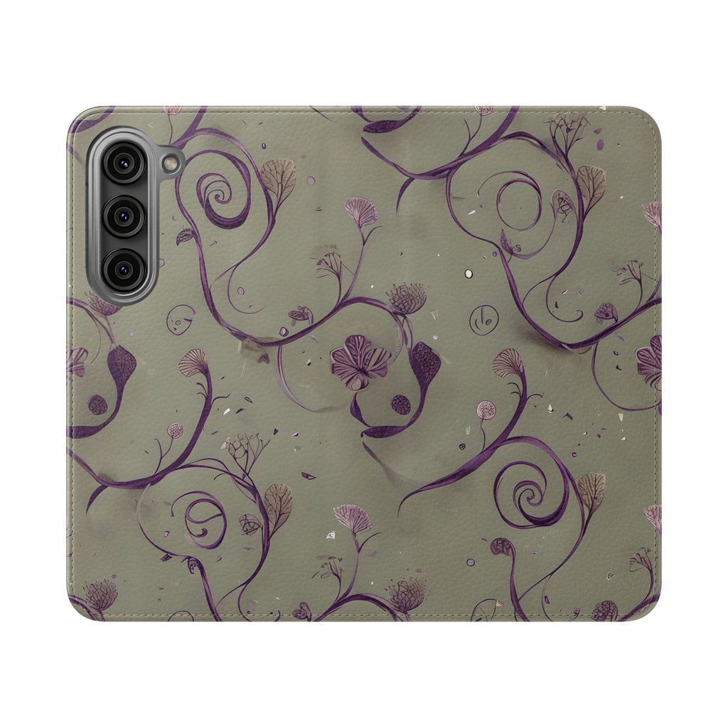 Twilight Thistle Bloom Wallet Phone Case - Elegant Purple Floral Vine Flip Cover for Samsung Galaxy S23