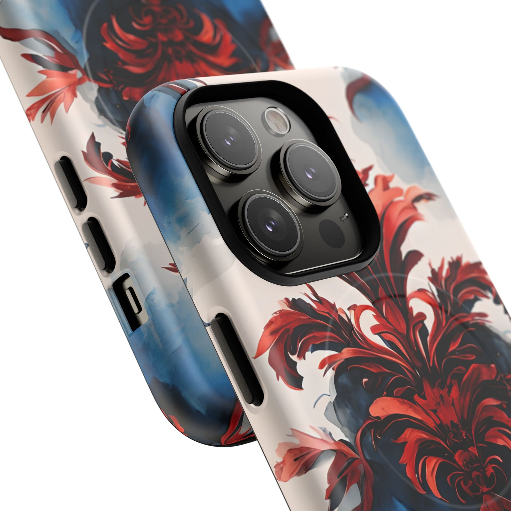 Crimson Plume - Bold Artistic Feather iPhone 14 Pro MagSafe Phone Case - Dramatic Red & Blue Design