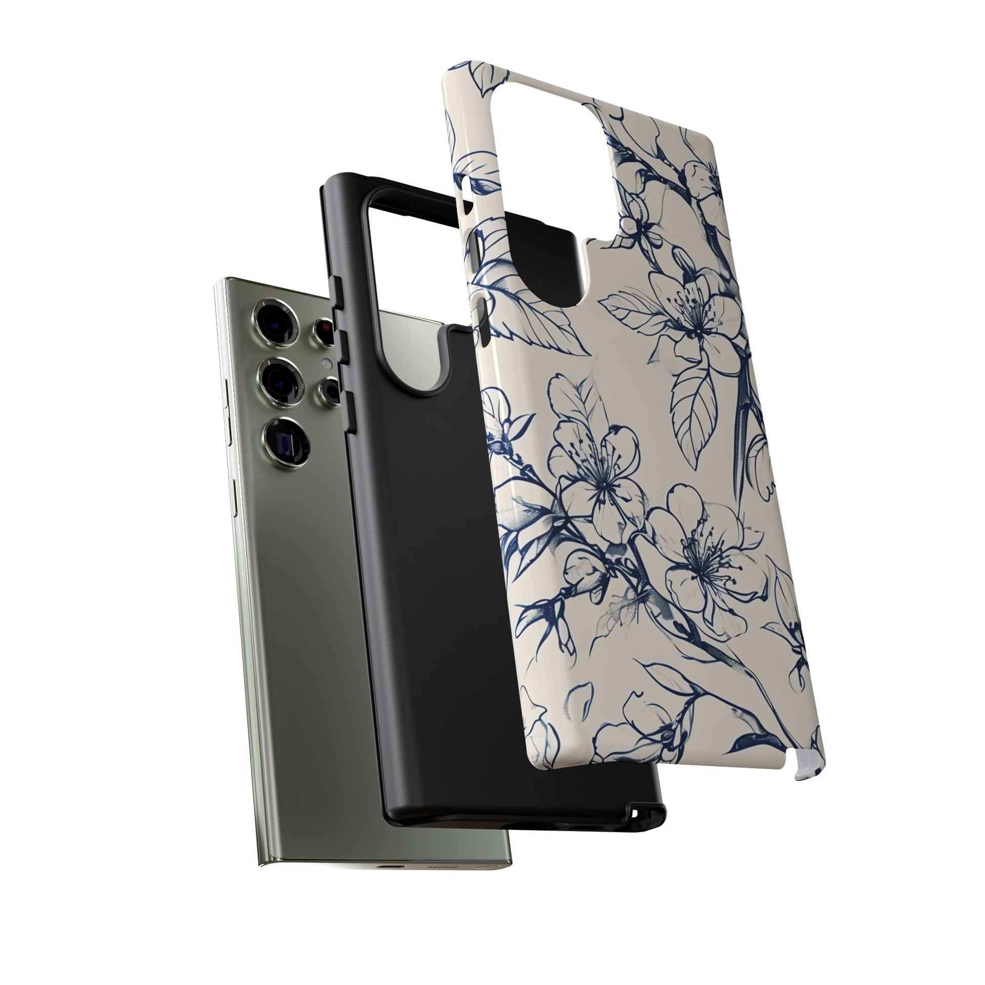 Blossom Sketch - Artistic Blue Floral Samsung Galaxy S23 Ultra Tough Phone Case - Hand-Drawn Botanical Design