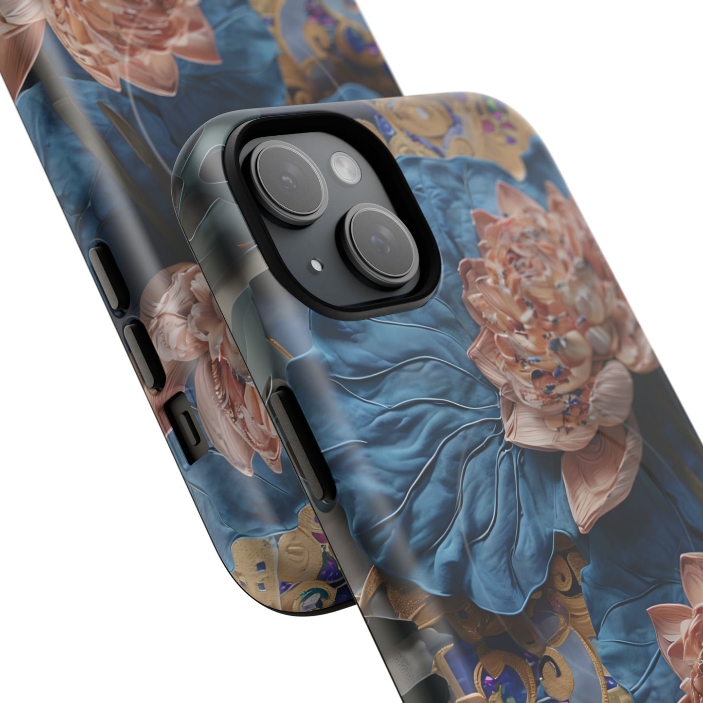 Peony Midnight Tapestry - iPhone Case- MagSafe Compatible - Elegant Blue & Blush Artful Phone Cover