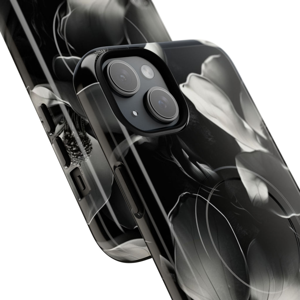 Monochrome Magnolia - Elegant Black & White Floral iPhone 15 Plus MagSafe Phone Case - Artistic Magnolia Design