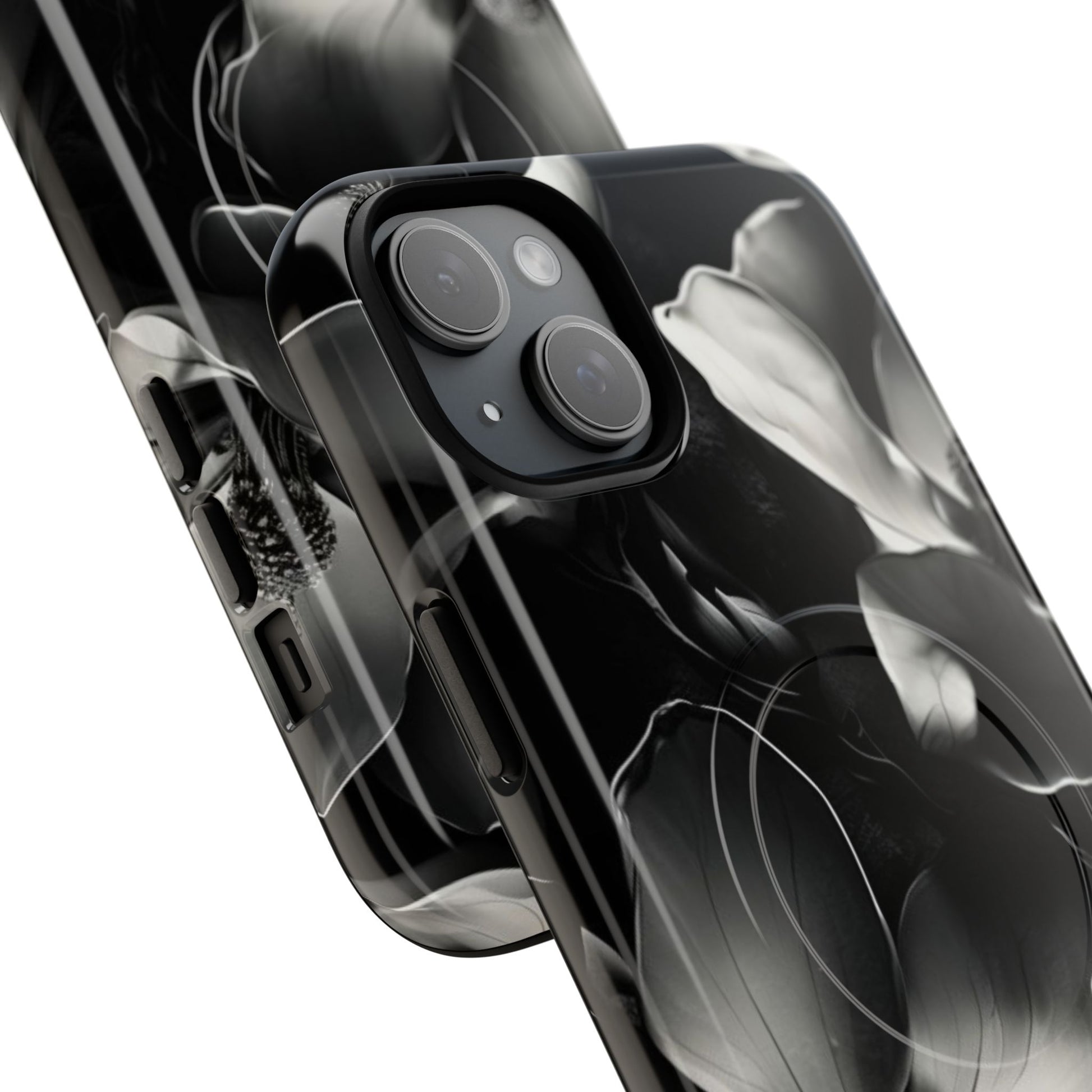 Monochrome Magnolia - Elegant Black & White Floral iPhone 15 Plus MagSafe Phone Case - Artistic Magnolia Design
