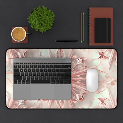 Blush Frost desk mat in workspace with keyboard showing delicate blush floral artwork