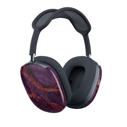 Amethyst Current AirPods Max cover set on Apple headphones, luxurious purple and crimson marble effect design for Apple AirPods Max, angled side view