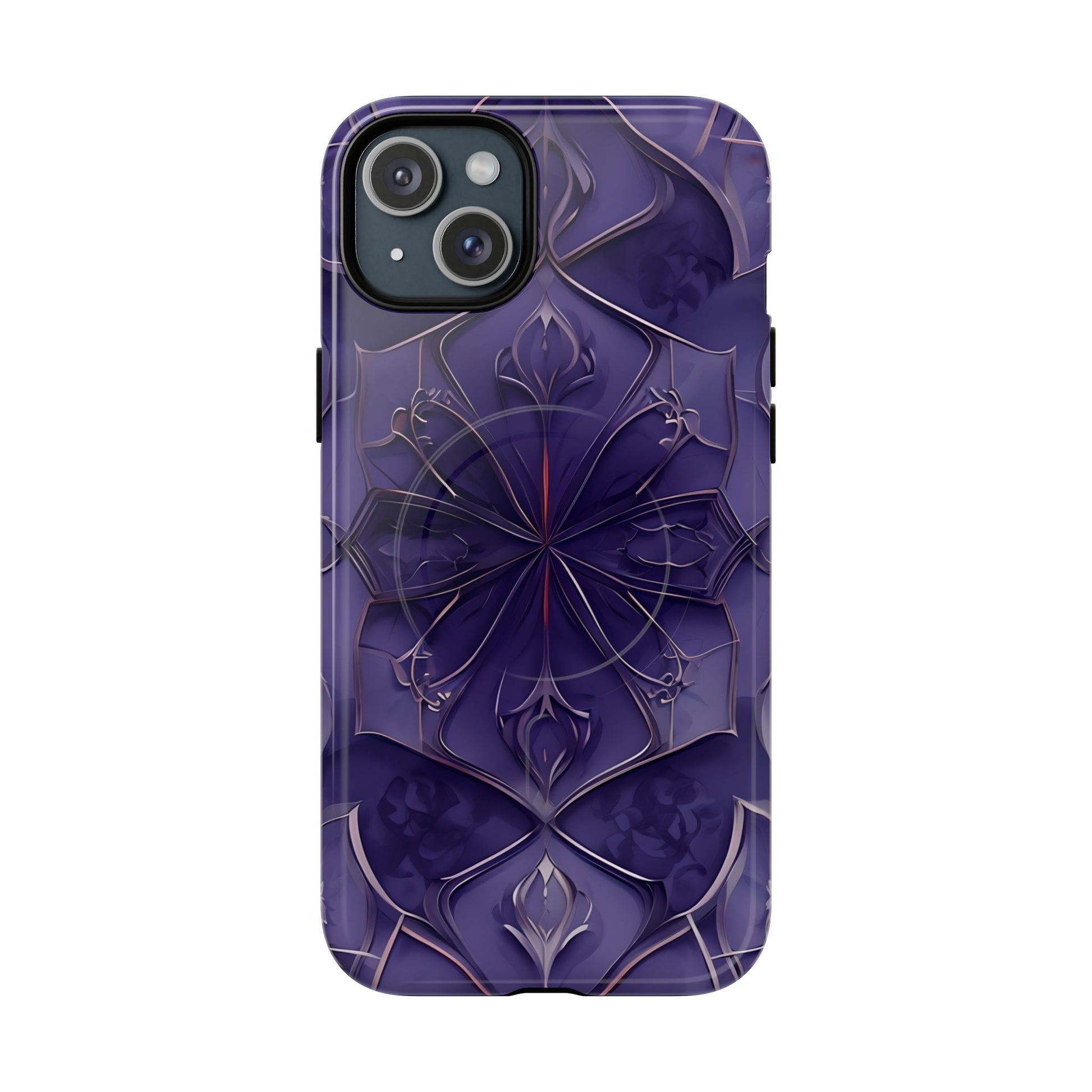 Violet Nebula - Kaleidoscope Collection Artistic Floral Burst - iPhone 15 Plus MagSafe Phone Case -Bold Purple Symmetrical Design