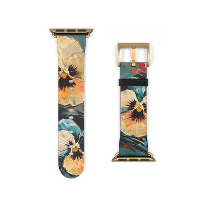 Golden Pansy Cascade Apple Watch band strap with pansy flower artwork and gold clasp