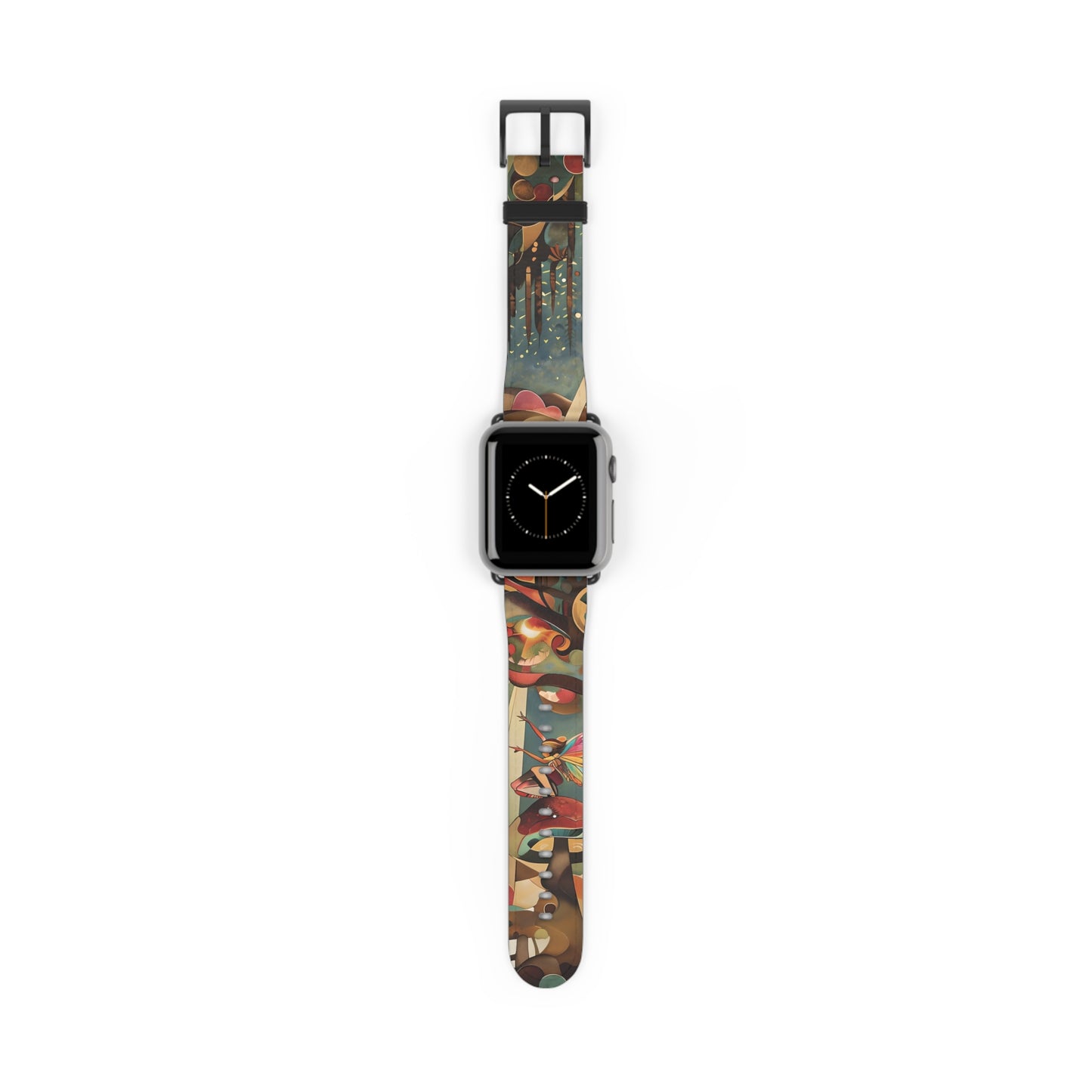 Enchanted Orchard Apple Watch band with watch face featuring rich botanical orchard artwork in warm earthy tones