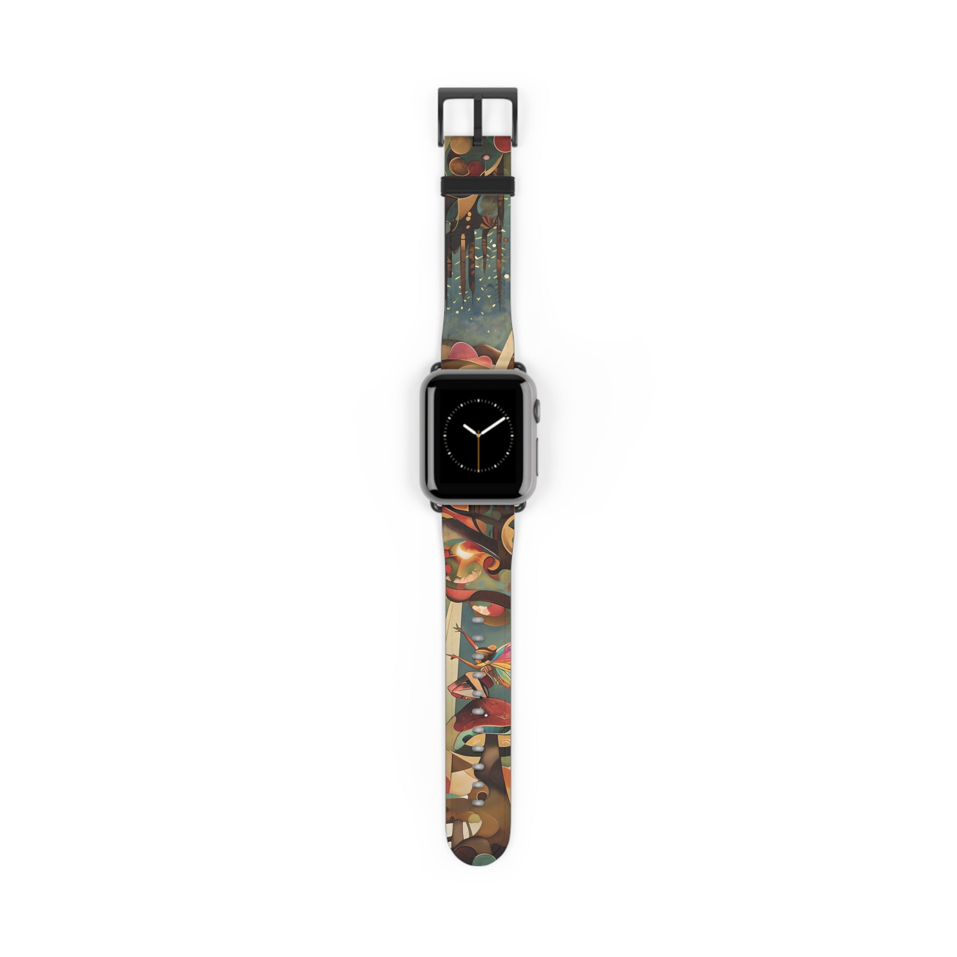 Enchanted Orchard Apple Watch band with watch face featuring rich botanical orchard artwork in warm earthy tones