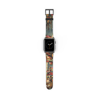 Enchanted Orchard Apple Watch band with watch face featuring rich botanical orchard artwork in warm earthy tones