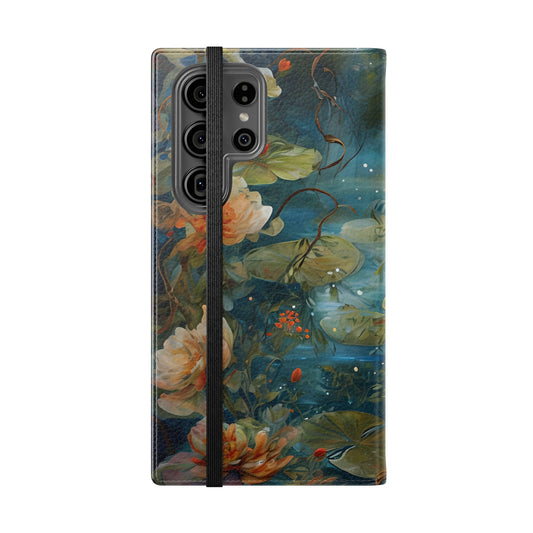 Waterlily Nocturne Samsung Galaxy wallet flip phone case showing floral waterlily folio cover design