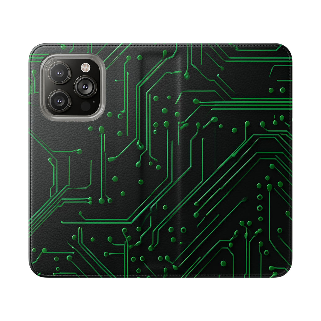 Green Circuit Grid Wallet Phone Case - Green & Black Computer Circuit Design - Flip Cover for iPhone 14 Pro