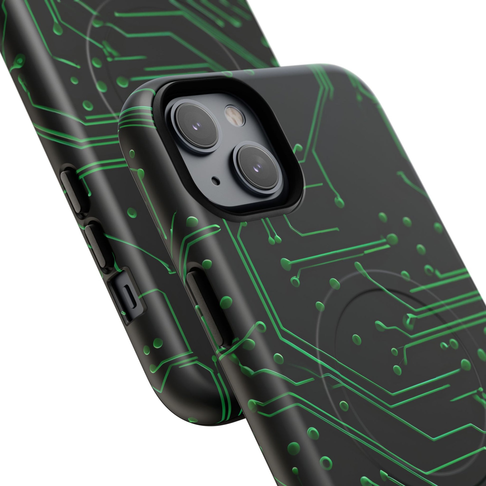 Green Circuit Grid iPhone 14 Plus MagSafe Compatible case- Tech-Inspired Shockproof Cover
