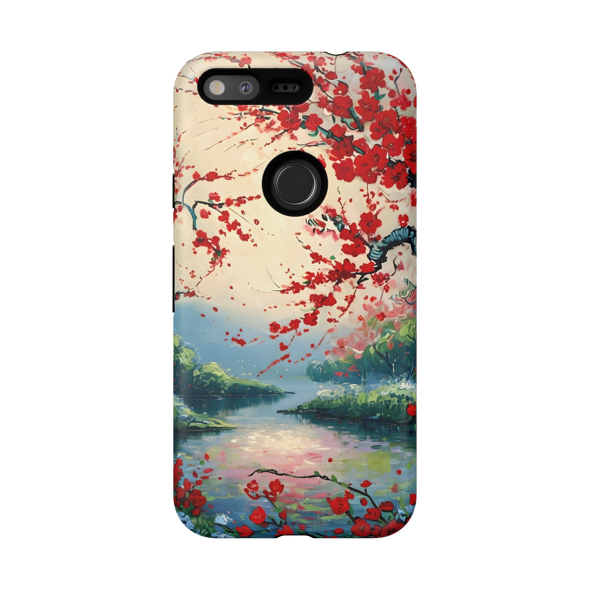 Crimson Blossom Lake - Artistic Floral Landscape Google Pixel Tough Phone Case - Red Cherry Blossoms & Serene Lake Design