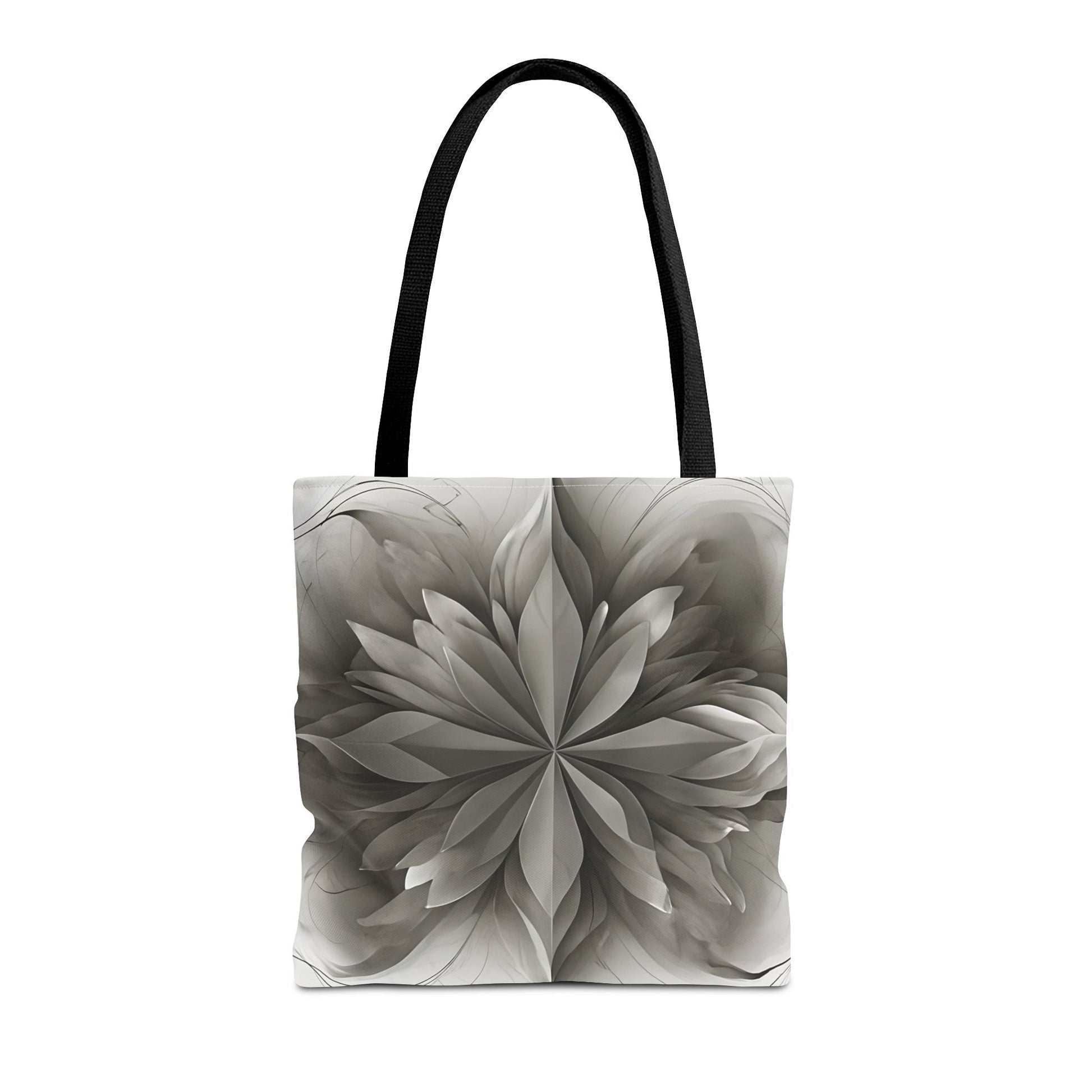 Silver Lotus canvas tote bag featuring elegant gray lotus mandala design with black handles