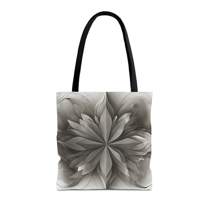 Silver Lotus canvas tote bag featuring elegant gray lotus mandala design with black handles