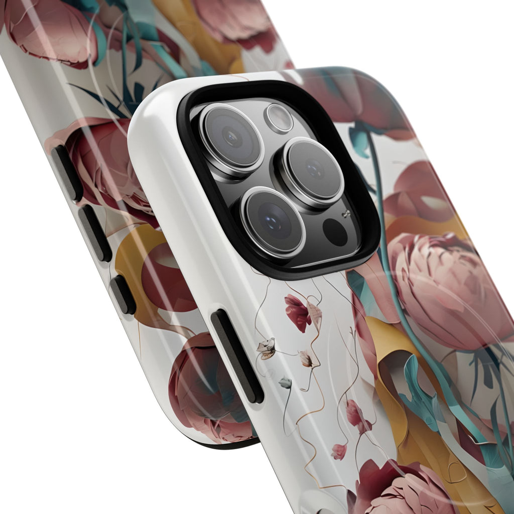 Blushing Peony Veil - Elegant Painterly Floral iPhone 16 Pro MagSafe Phone Case - Soft Blush & Teal Peony Design