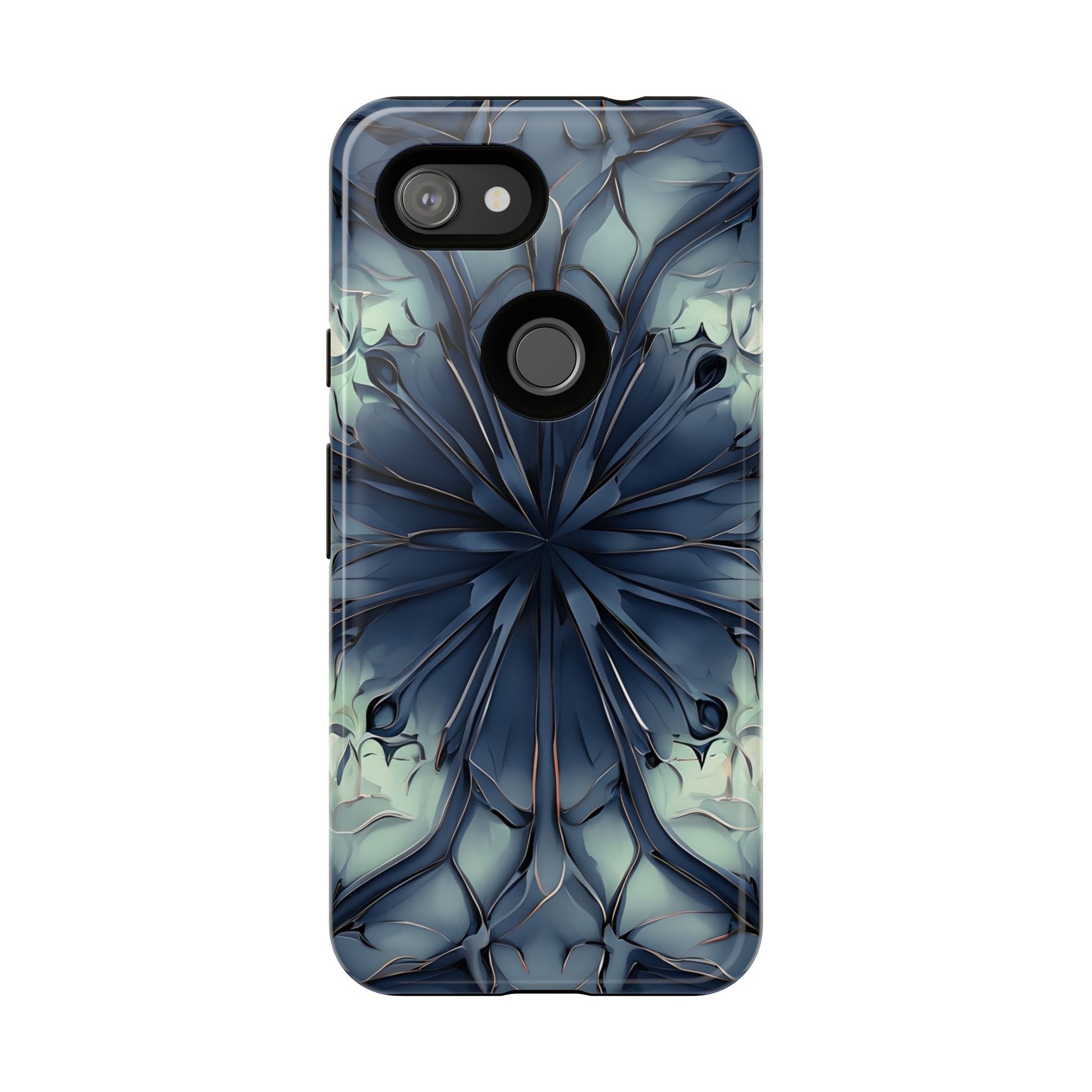 Indigo Mosaic - Artistic Kaleidoscope Collection Artistic Floral - Google Pixel 3a Tough Phone Case - Bold Blue Symmetrical Design
