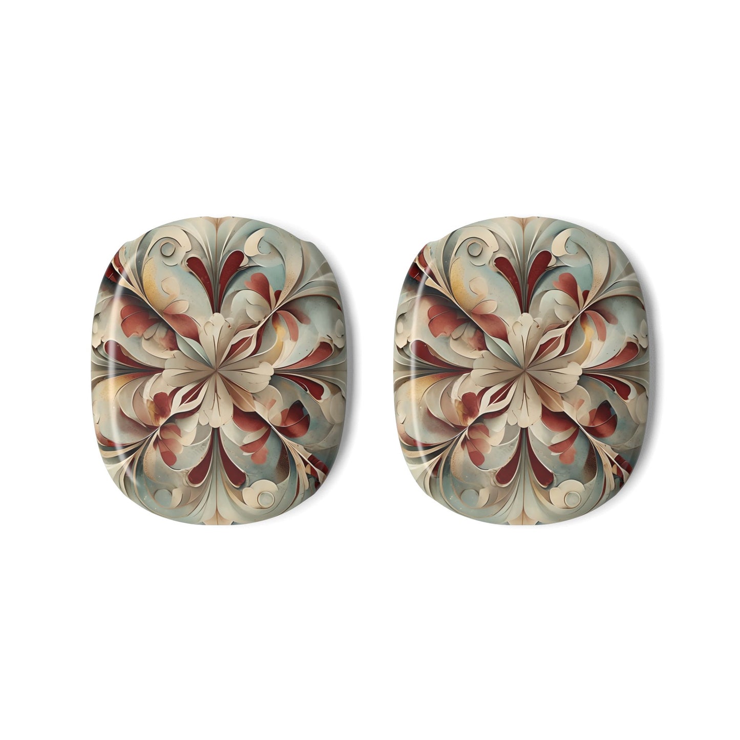 Vintage Baroque Blossom AirPods Max ear cup covers with intricate baroque flower pattern in red, taupe, and teal, flat product view