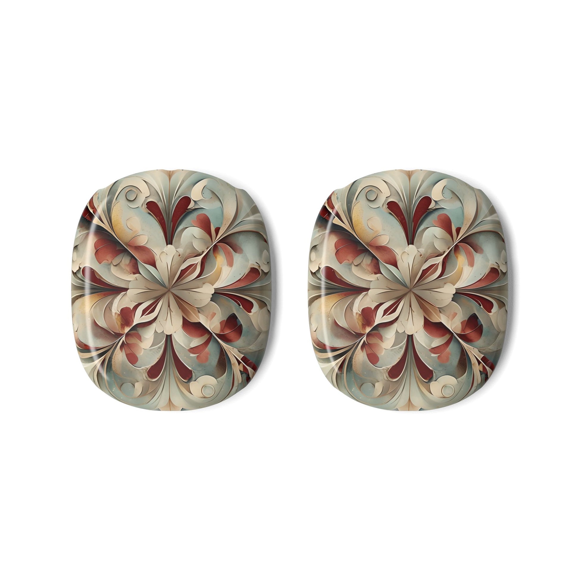 Vintage Baroque Blossom AirPods Max ear cup covers with intricate baroque flower pattern in red, taupe, and teal, flat product view