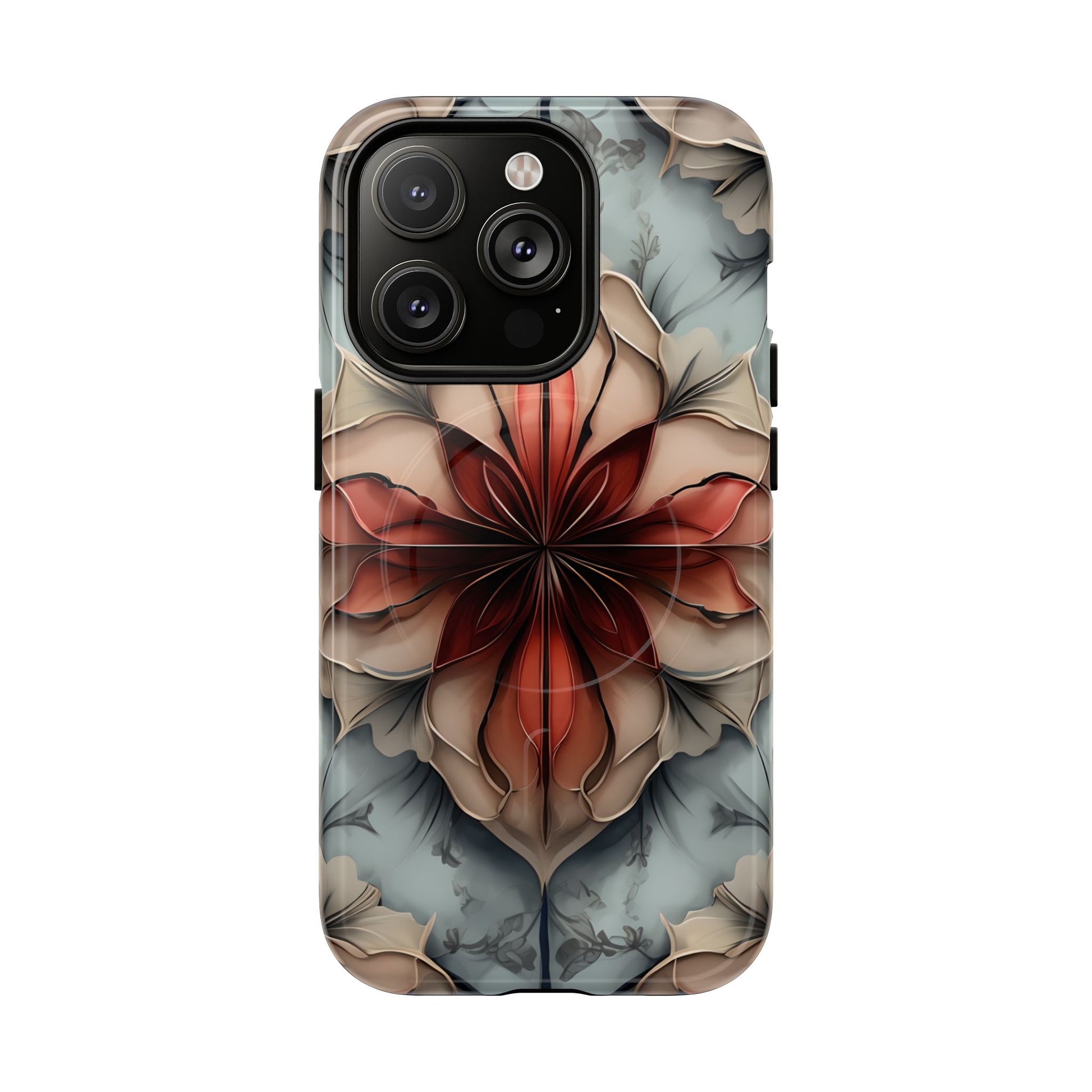 Ember Bloom - Kaleidoscope Collection Artistic Floral iPhone 14 Pro MagSafe Phone Case - Fiery Symmetrical Design