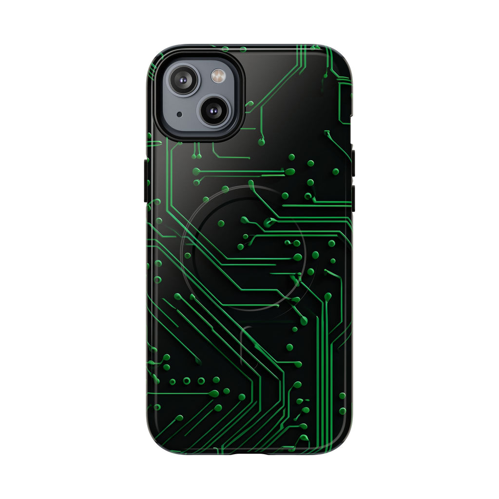 Green Circuit Grid iPhone 14 Plus MagSafe Compatible case- Tech-Inspired Shockproof Cover