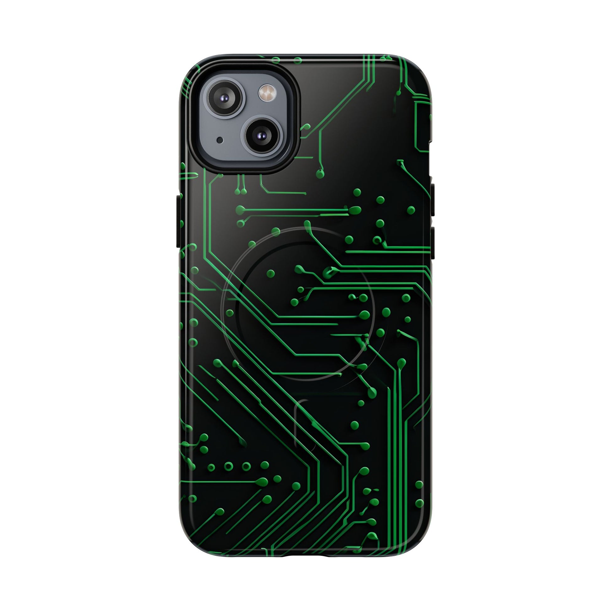 Green Circuit Grid iPhone 14 Plus MagSafe Compatible case- Tech-Inspired Shockproof Cover