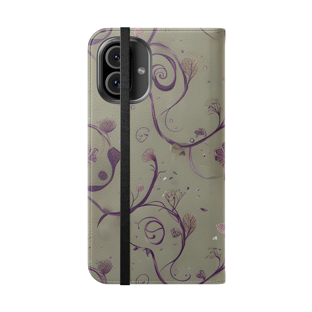 Twilight Thistle Bloom Wallet Phone Case - Elegant Purple Floral Vine Flip Cover for iPhone 16 Plus