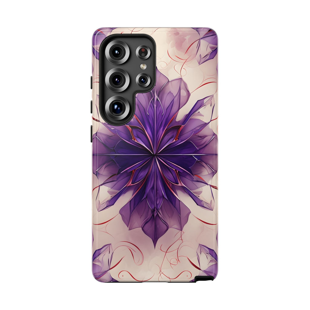 Violet Reverie - Kaleidoscope Collection Artistic Floral Burst - Samsung Galaxy S25 Ultra Tough Phone Case - Bold Purple Symmetrical Design
