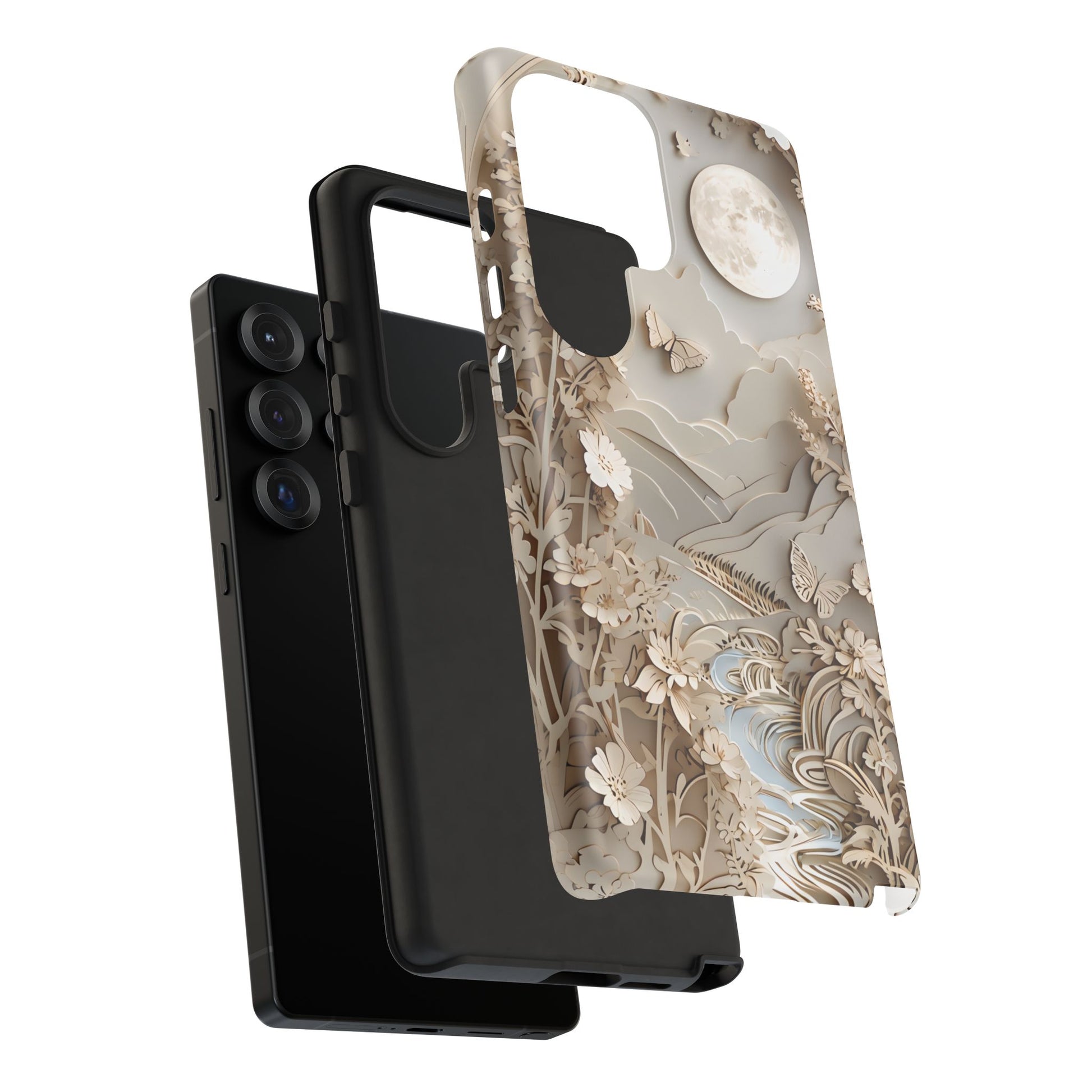 Moonlit Garden - Elegant Neutral Floral Samsung Galaxy S25 Ultra Tough Phone Case - Painterly Botanical & Moon Design