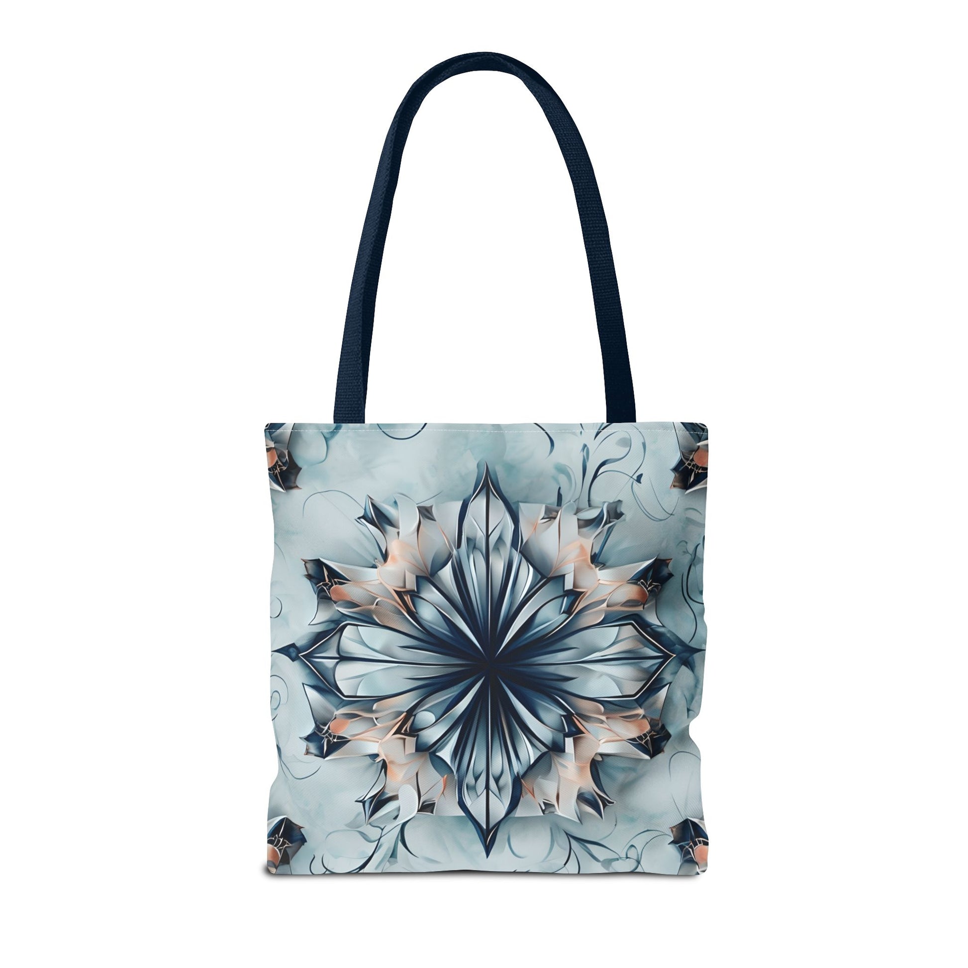 Indigo Mirage Tote Bag (16x16 & 18x18)- Dreamy Blue Kaleidoscope Design in Reusable Poly Canvas, Artistic Eco-Friendly Shopping Bag
