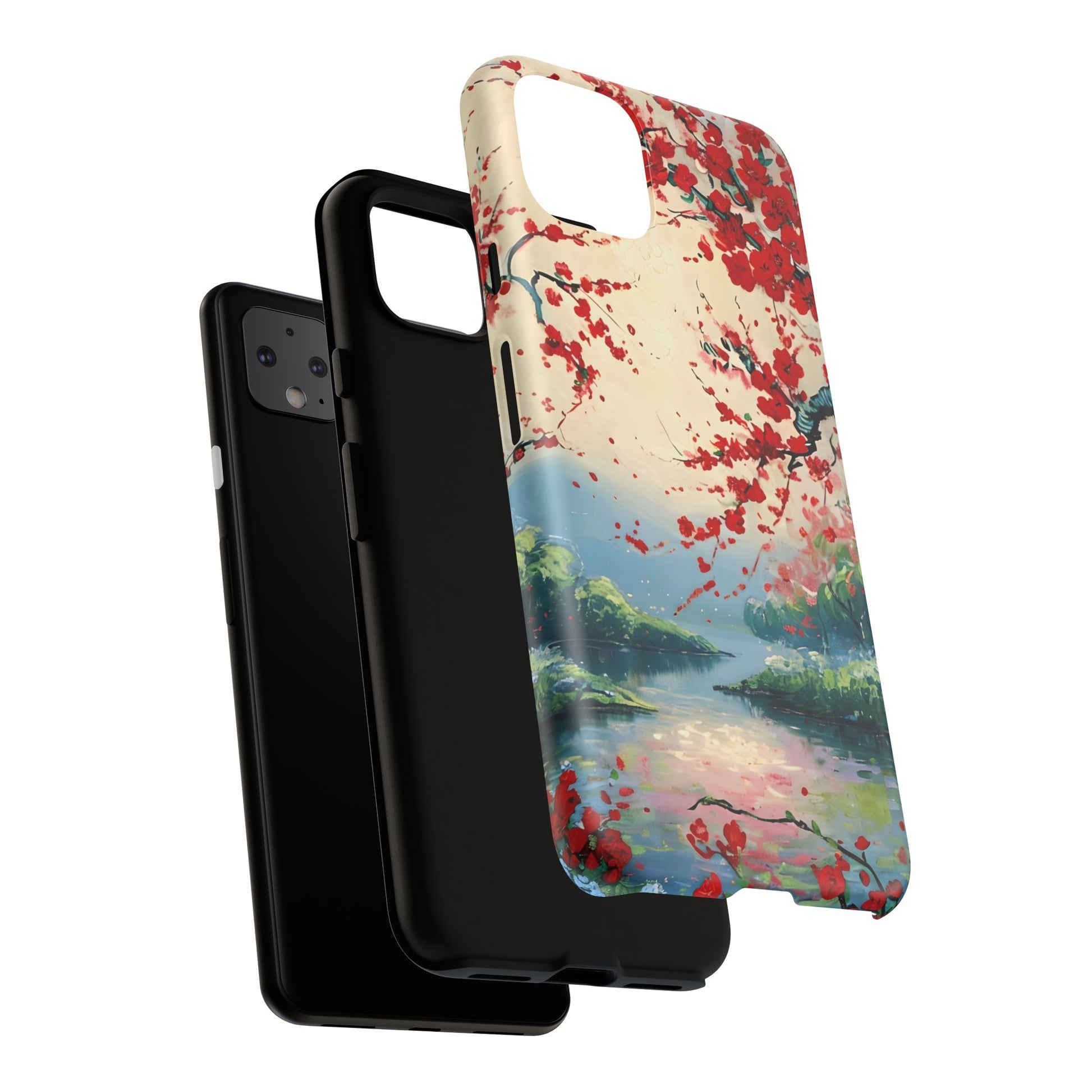 Crimson Blossom Lake - Artistic Floral Landscape Google Pixel 4XL Tough Phone Case - Red Cherry Blossoms & Serene Lake Design