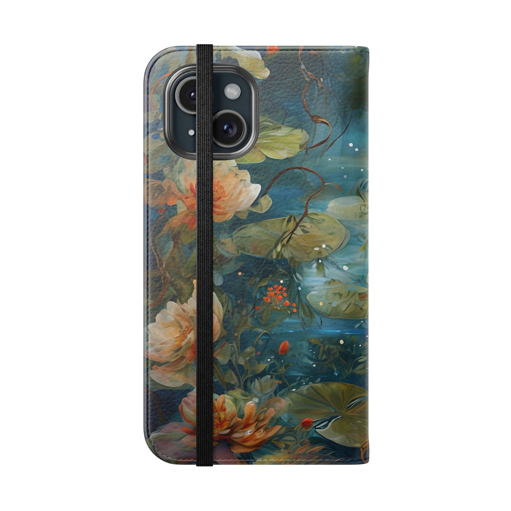 Waterlily Nocturne iPhone 15 Wallet Case - Elegant Floral Flip Cover, Vintage Botanical Phone Folio