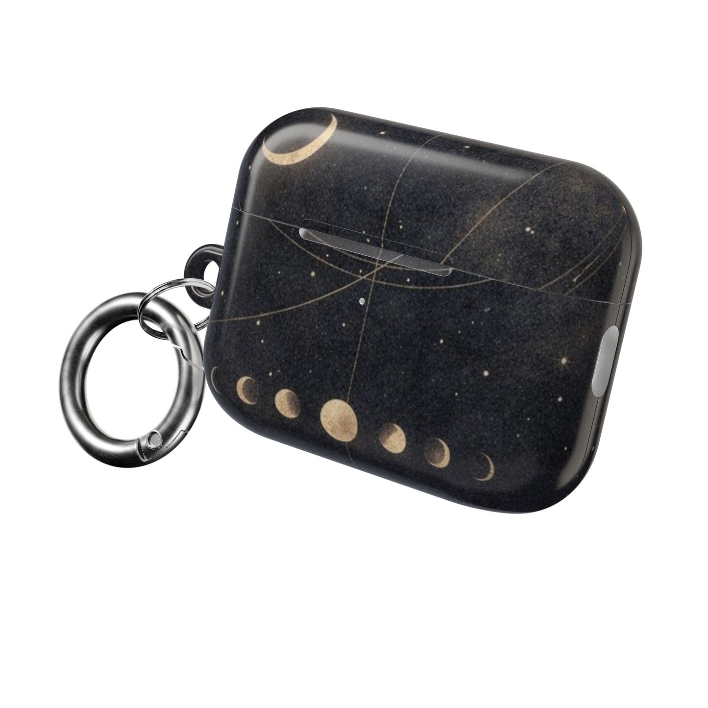 Celestial Moon Phase AirPods protective case with moon phase artwork and attached carabiner clip