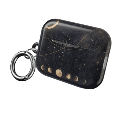 Celestial Moon Phase AirPods protective case with moon phase artwork and attached carabiner clip