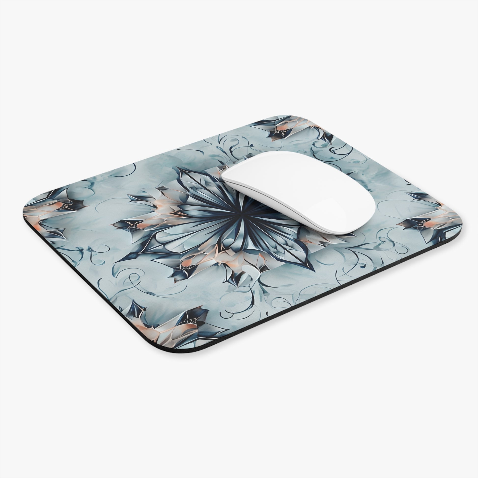 Indigo Mirage mouse pad in workspace with mouse showing indigo abstract artwork
