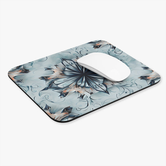 Indigo Mirage mouse pad in workspace with mouse showing indigo abstract artwork