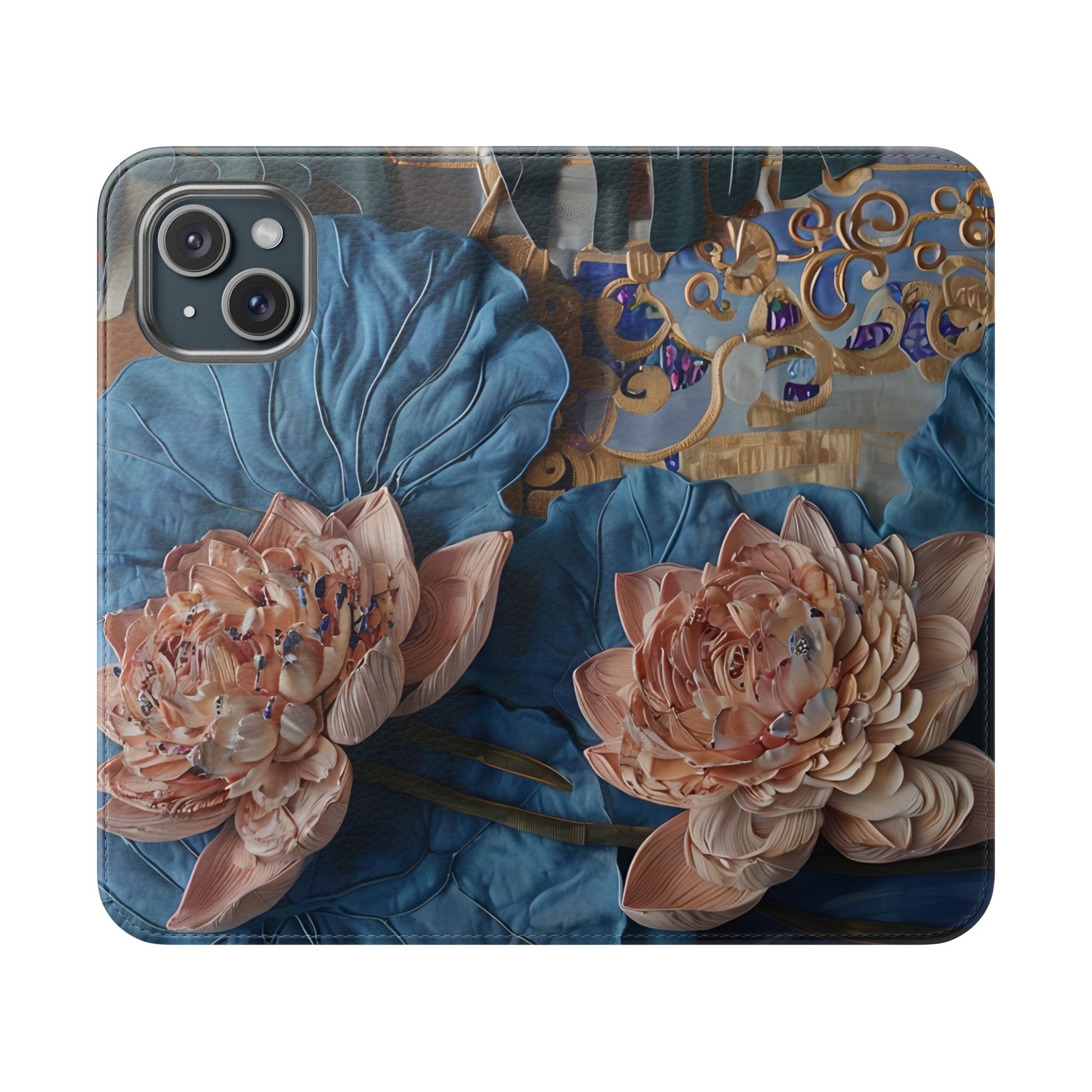 Peony Midnight Tapestry Wallet Phone Case - Flip Cover for iPhone 15 - Floral and Tapestry Design