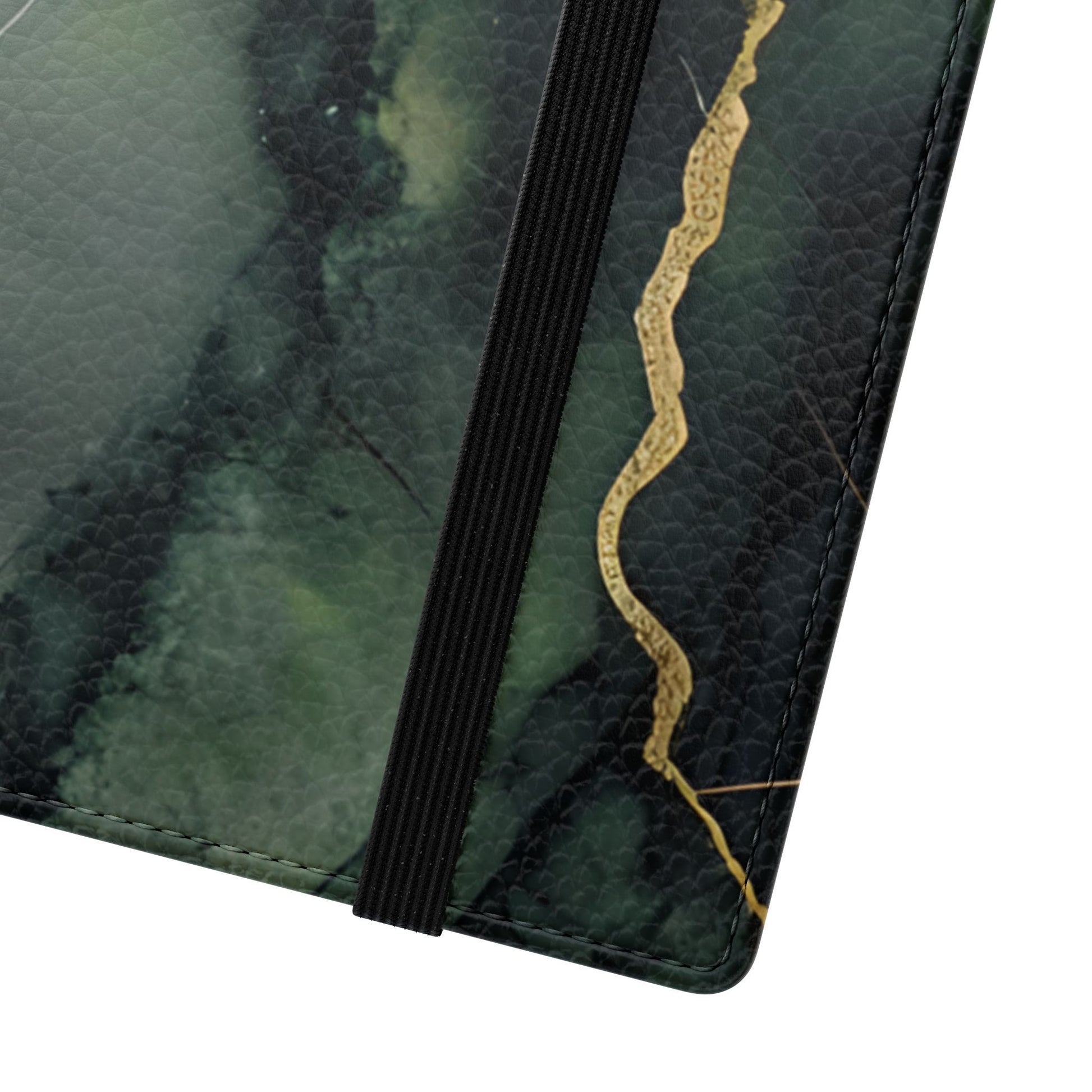 Close-up of Verdant Vein Samsung Galaxy wallet flip phone case with emerald marble texture and gold veining