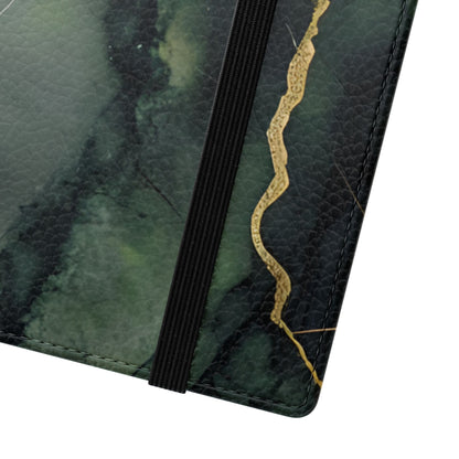 Close-up of Verdant Vein Samsung Galaxy wallet flip phone case with emerald marble texture and gold veining